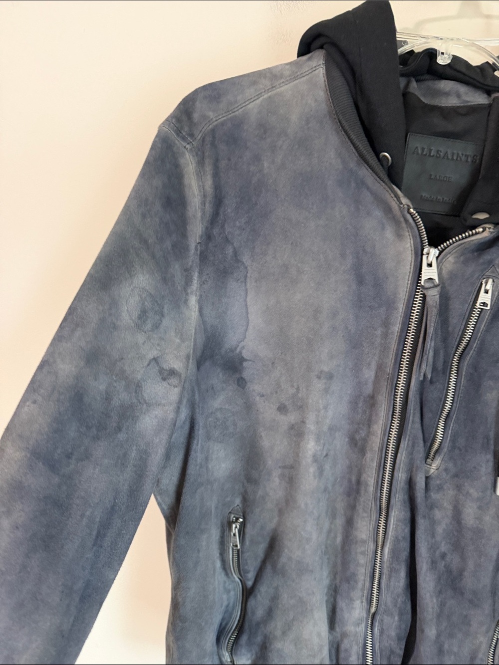 AllSaints Suede Goat Leather Bomber Jacket Hooded Size Large - Picture 10 of 10
